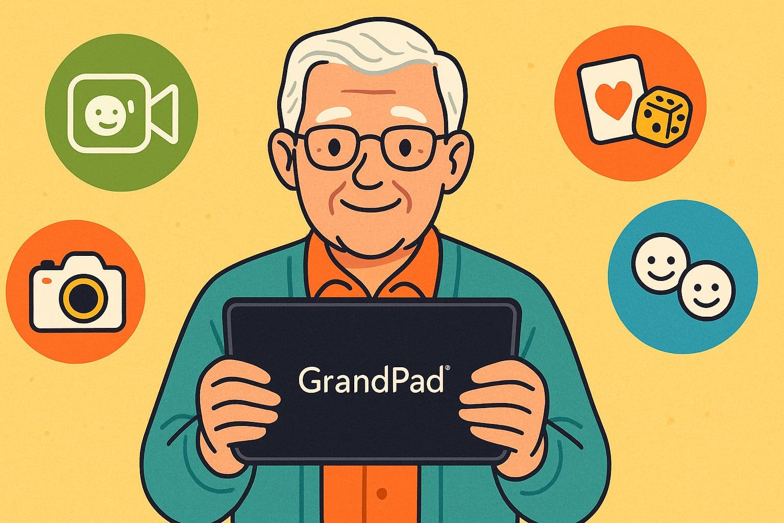 grandpad-tablet-senior-cartoon-16x9 A colorful, cartoon-style illustration of a senior holding a GrandPad tablet surrounded by icons for video calls, photos, games, and family features.