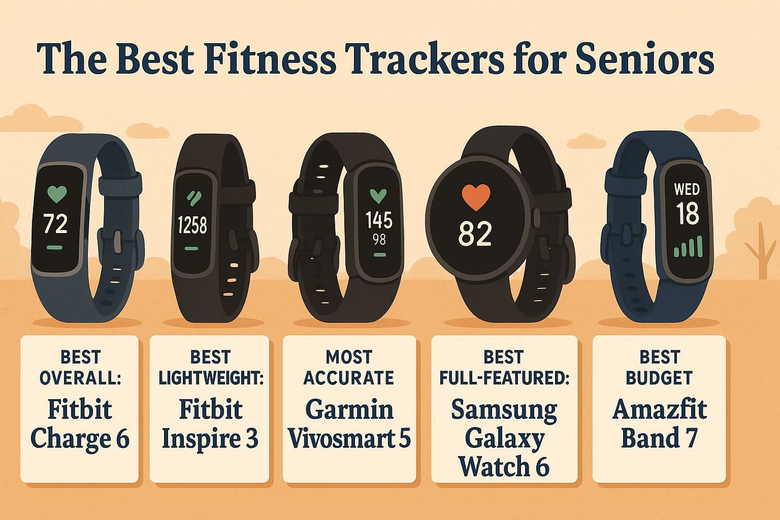 Cartoon illustration showing various fitness trackers for seniors with icons highlighting features.