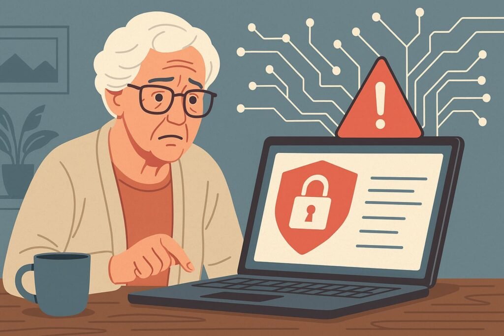 Flat-style illustration of an elderly man surrounded by AI privacy icons like a padlock, shield, voice assistant, and fingerprint