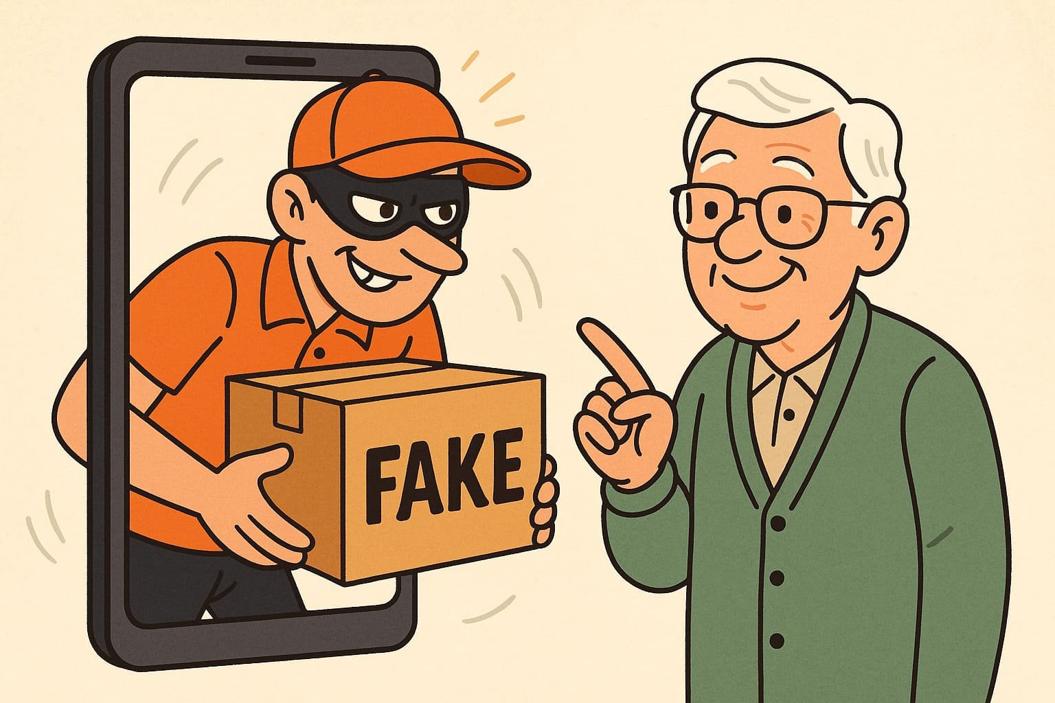 Cartoon illustration of a scammer dressed as a delivery driver holding a fake package while a senior points knowingly at the trick.