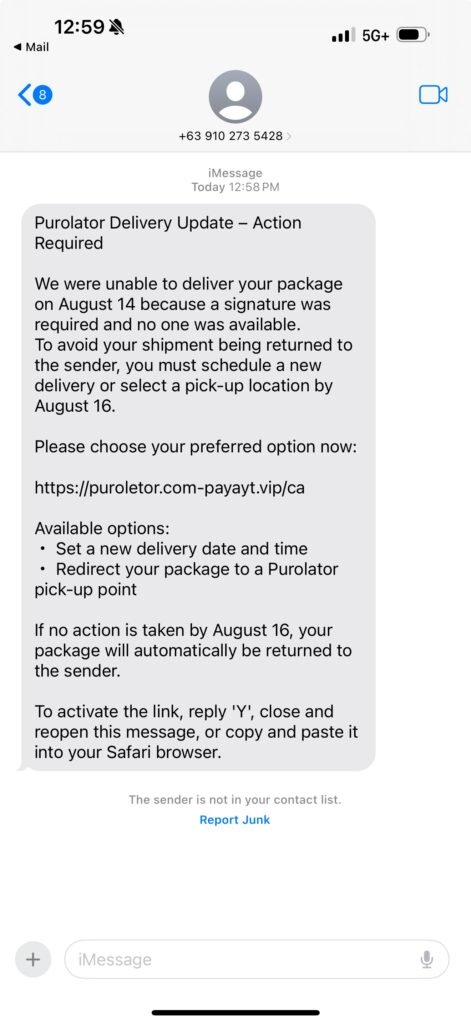 Delivery scam text message example from Purolator