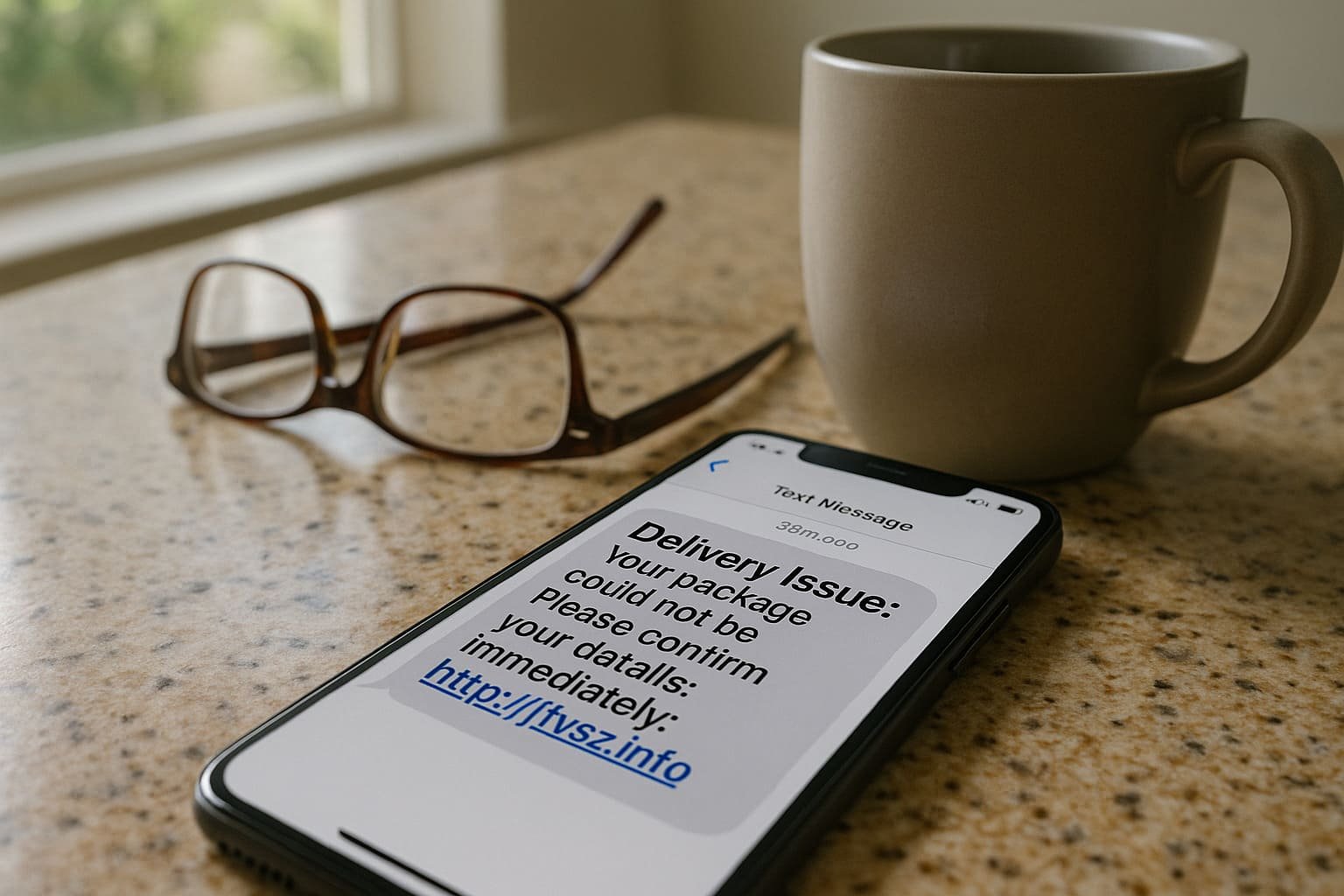 Smartphone on a countertop showing a fake delivery scam text message with suspicious link beside glasses and a coffee mug