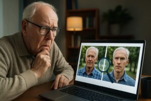Elderly man closely examines two similar photos on a laptop, comparing real and deepfakes images