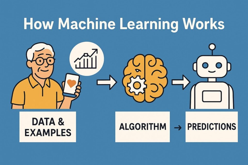 Illustrated infographic showing a simplified process of how machine learning works, tailored for seniors