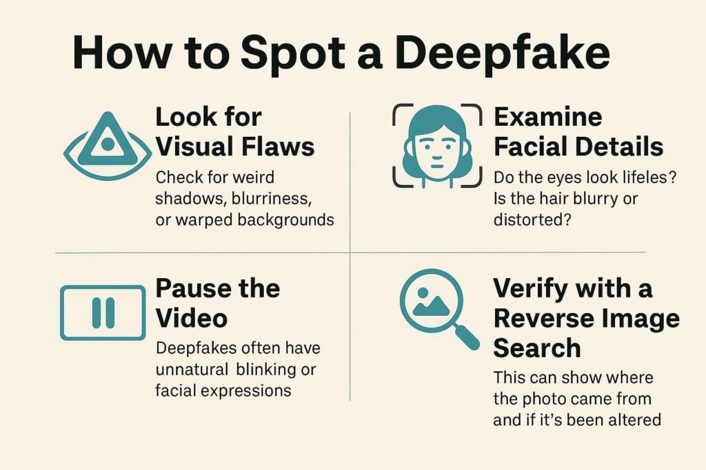 A digital infographic titled "How to Spot Deepfakes," featuring four illustrated tips: visual flaws, facial details, pausing the video, and using reverse image search.