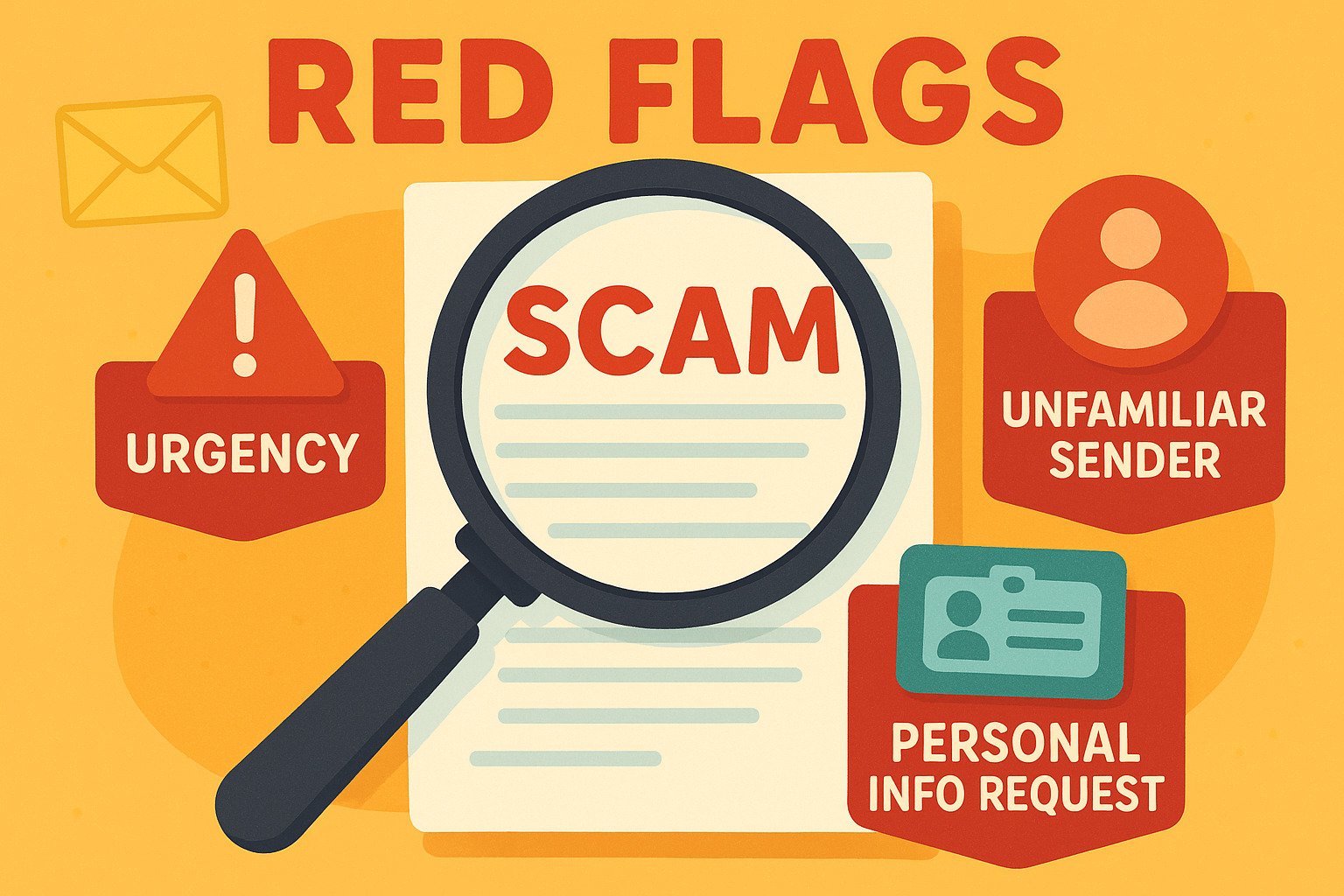 Illustration showing scam red flags: urgency, unfamiliar sender, and personal info request, designed to help seniors detect scams.