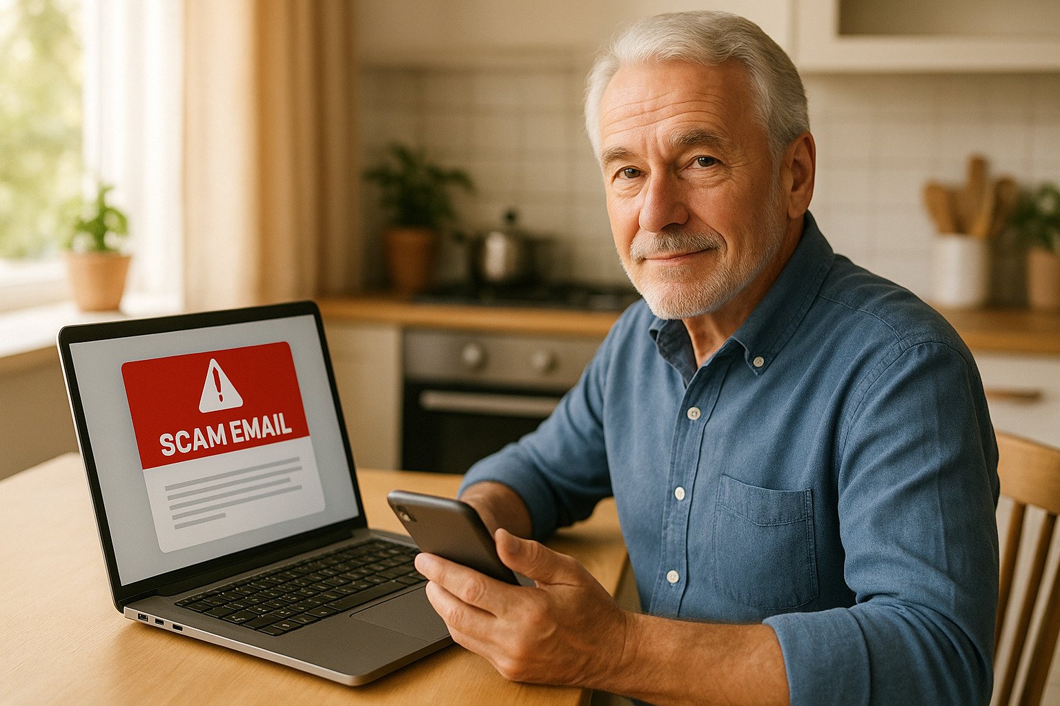 Older man at a kitchen table using a laptop and phone, with a scam email warning on the screen, showing online scam detection for seniors.