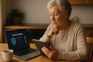 Elderly woman at kitchen table checking privacy settings on tablet with laptop nearby