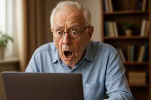 Photorealistic image of an elderly man looking shocked while using a laptop, symbolizing surprise while learning about artificial intelligence