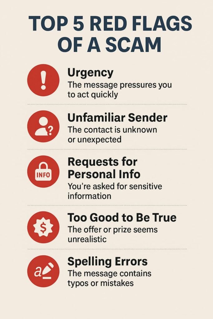 Infographic showing top 5 red flags of a scam, including urgency, unfamiliar sender, personal info requests, unrealistic offers, spelling errors.