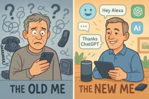 Split illustration showing senior man confused by technology on left, confidently using AI tools like Alexa and ChatGPT on right, demonstrating artificial intelligence transformation for seniors